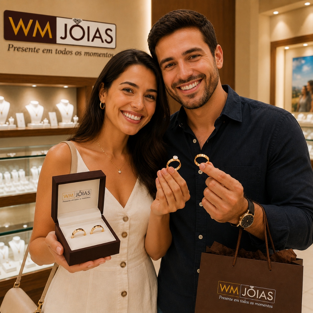 Casal na WM Joias escolhendo alianças